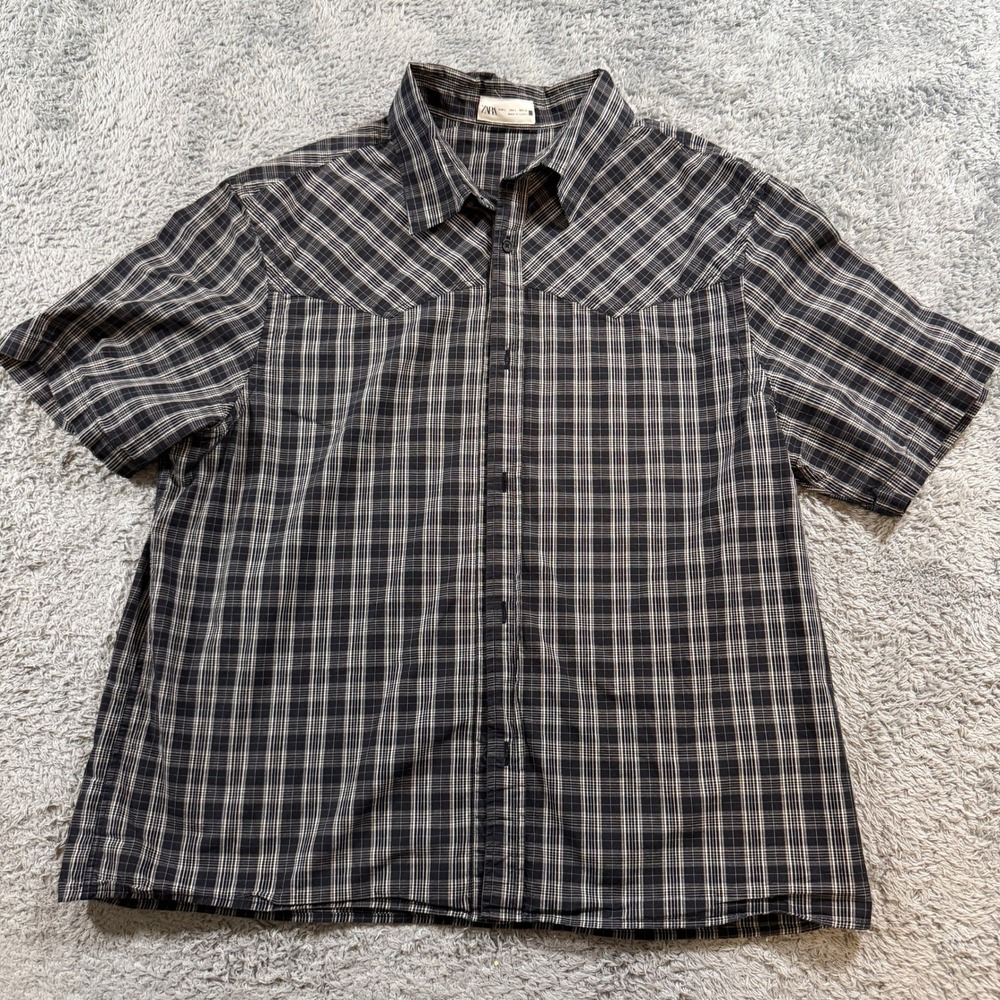 Zara Mens Large Black White Plaid Short Sleeve Western Yoke Button Down Shirt